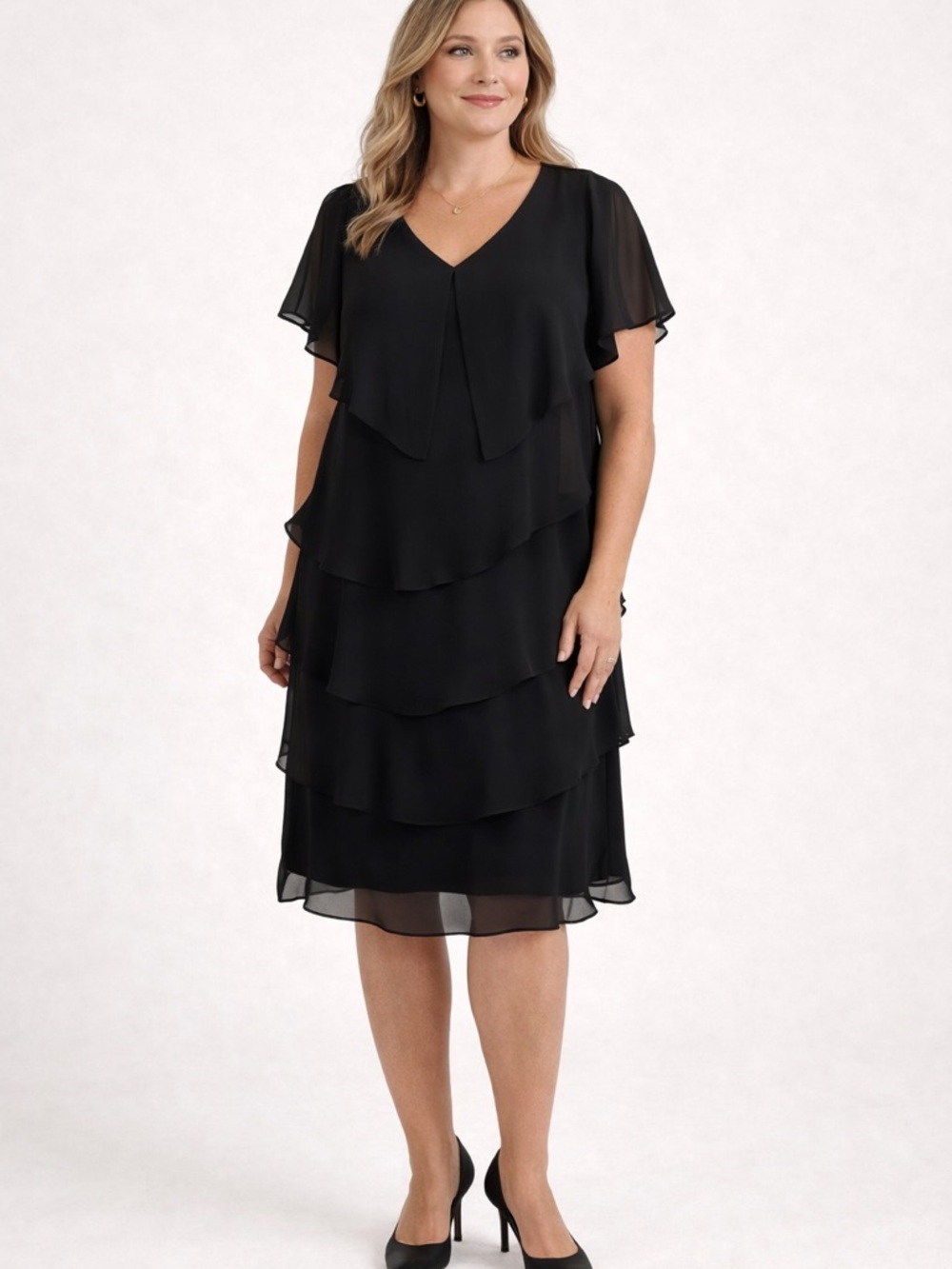 Patra Women’s Black Tiered Chiffon Dress 14W Elegant Evening Formal